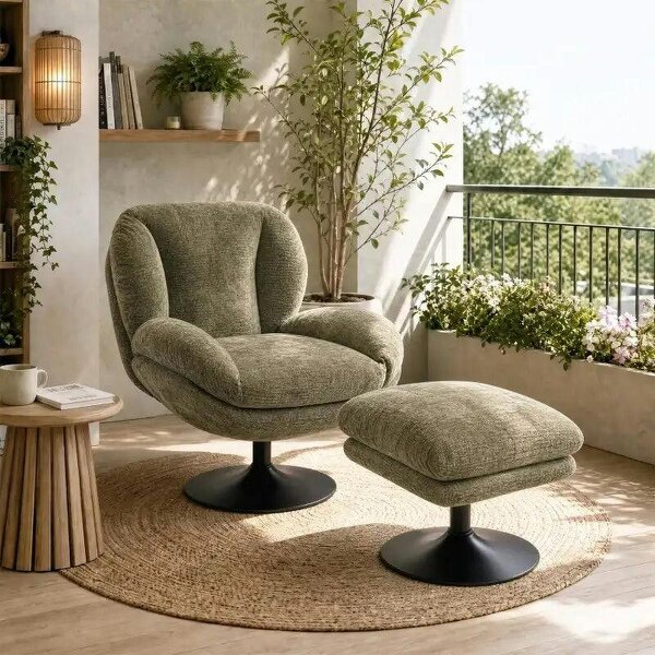 Modern Chenille Lazy Chair with Ottoman, 360° Swivel, Upholstered Reading Seat Set for Living Room, Dark Green