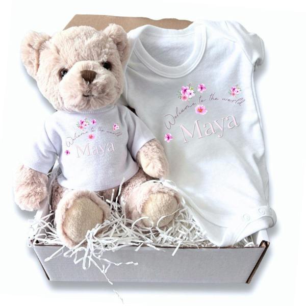 Personalised Floating Flowers Baby Gift Box - Teddy & Vest