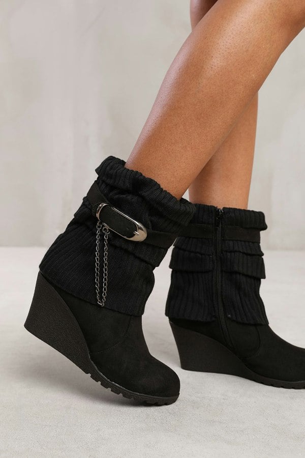 Where's That From Maylah Wedge Heel Slouchy Ankle Boots With Knitted Collar in Black