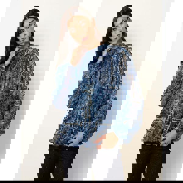 Blue Vanilla High Neck Paisley Print Puffball Top