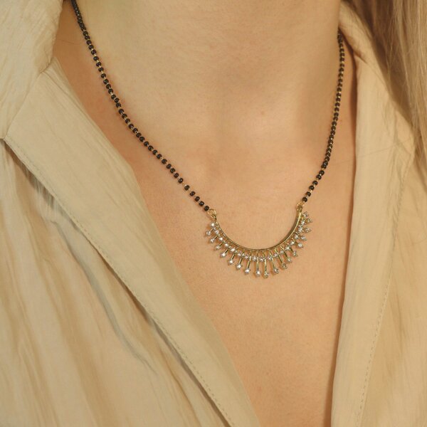 The Colourful Aura Indian Nazaria Gold Sunburst Zircon Mangalsutra Black Beads Pendant Necklace