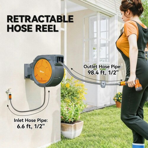 Bobobiy Retractable Hose Reel Wall Mounted, 30+2m Garden Hose Pipe Reel with Lock, 7 in 1 Spray Nozzle, 180° Swivel, 59 x 23 x 42 cm, Orange