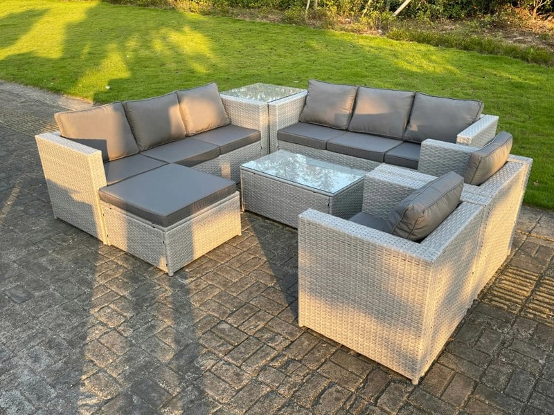 Fimous 9 Seater Light Grey Outdoor PE Rattan Garden Furniture Set Sofa Set Coffee Table Footstool 2 Armchair