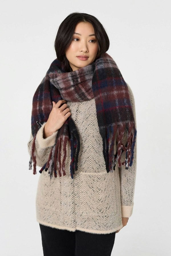 Grey | Tartan Print Oversized Fringed Scarf
