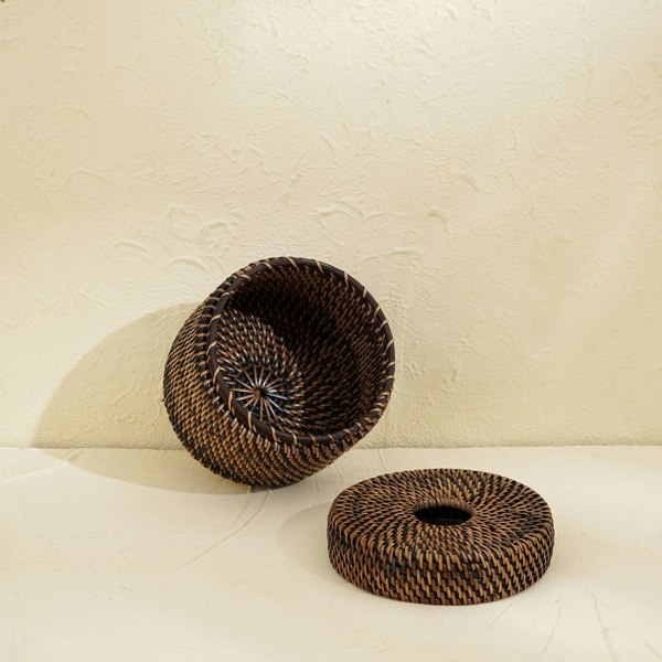 White wash rattan round tissue box holder handwoven wicker bathroom