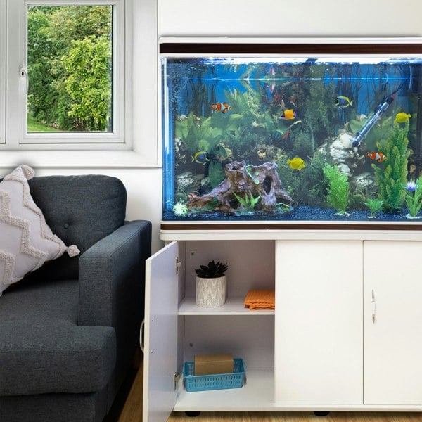 Monstershop Aquarium Fish Tank and Cabinet with Complete Starter Kit - White Tank with Blue Gravel