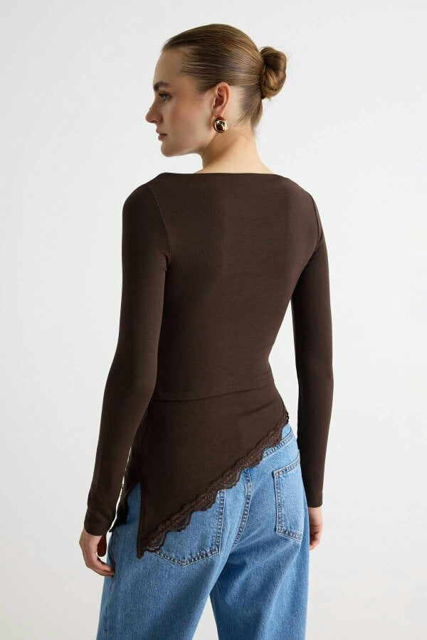 WOVCOR Fitted Boat Neck Long Sleeve Lace Detail Ribbed Blouse