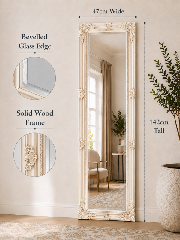 Downton Interiors Antique Style Cream Tall Ornate Dressing Wall Mirror with Bevelled Glass 142cm