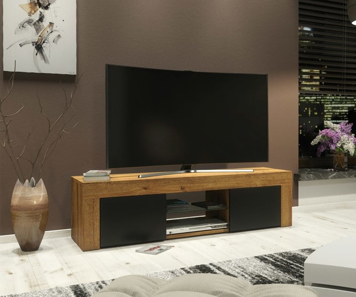 Mex Furniture 130cm Oak TV Unit Sideboard Cabinet with Black Matt Doors and Free LED Lights