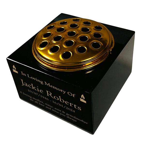 Memorials Direct Granite Memorial Vase with Candle Design, Free Personalised Gold Engraving, Solid Granite 6 x 6 x 4 Inches
