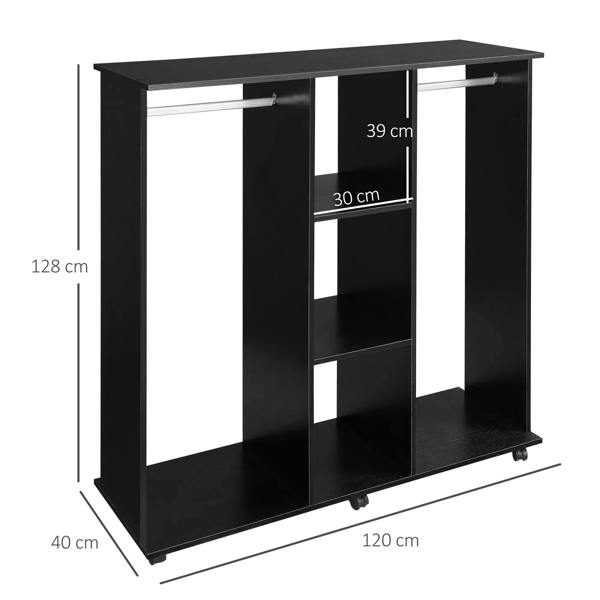 Black double open wardrobe storage cabinet with two hanging rails, shelves, and 6 wheels