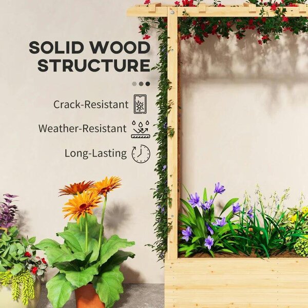 Bobobiy Garden Planter with Trellis, Wooden Raised Bed with Hanging Roof and Drainage Holes, 110 x 44 x 113 cm, Natural