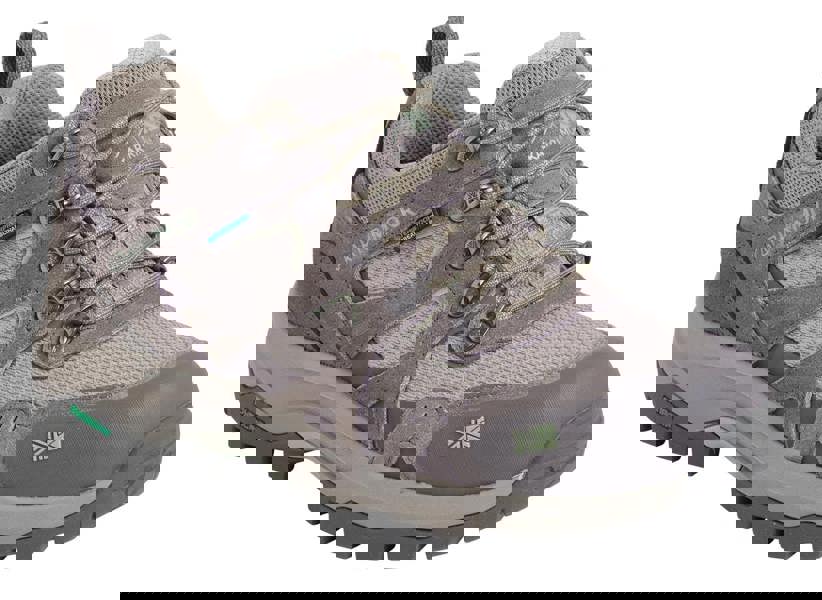 Karrimor Bodmin Low 6 Womens Waterproof Hiking Walking Trainers, Taupe-colored outdoor footwear with mesh and synthetic overlays, featuring cushioned ankle collar, durable rubber outsole, and secure lacing system for hiking and walking on rugged terrains.