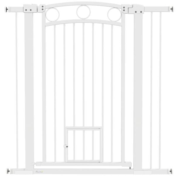 White tall dog gate with built-in cat door and pressure-fit brackets