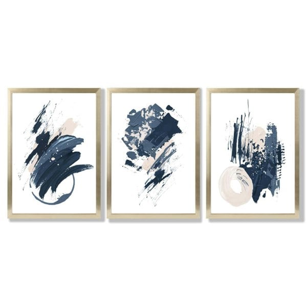 Abstract Set of 3 Minimal Blue Oil Painting Framed Art Prints with Gold Wood Frames