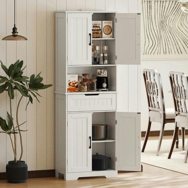 172 cm Tall Kitchen Pantry Cupboard w/ Small Open Counter, Freestanding Kitchen Cabinet w/ 2 Adjustable Shelves, White - White