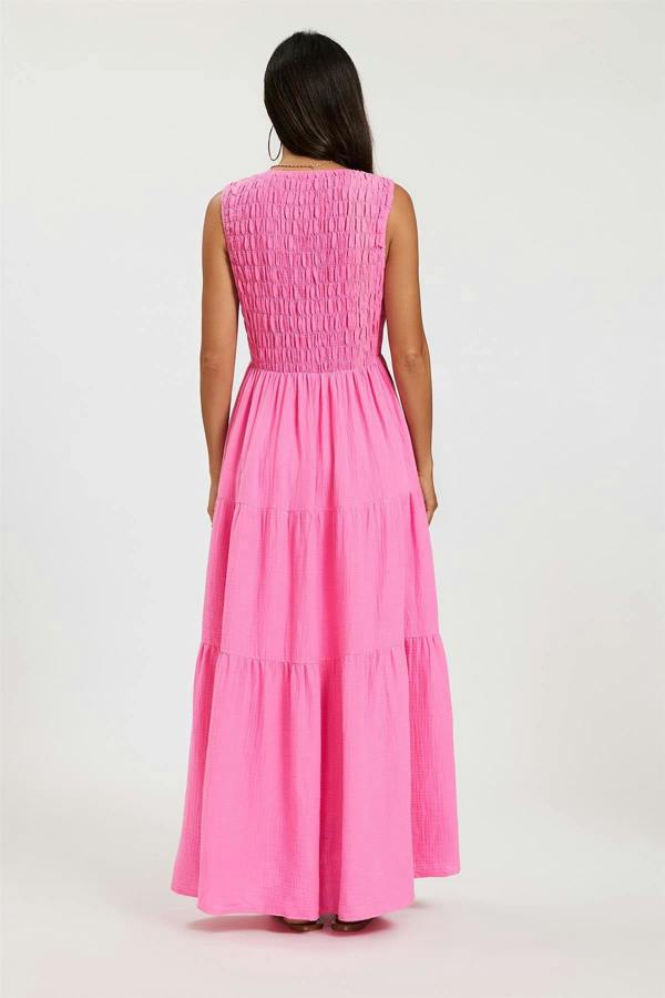 FS Collection Shirred Tiered Maxi Dress with Sleeveless V-Neck