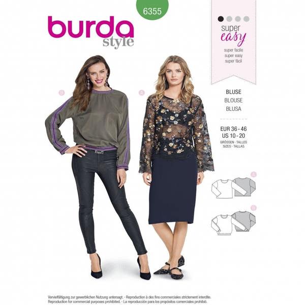 Burda Sewing Pattern 6355 Tops For Women, 10 to 20  - Easy