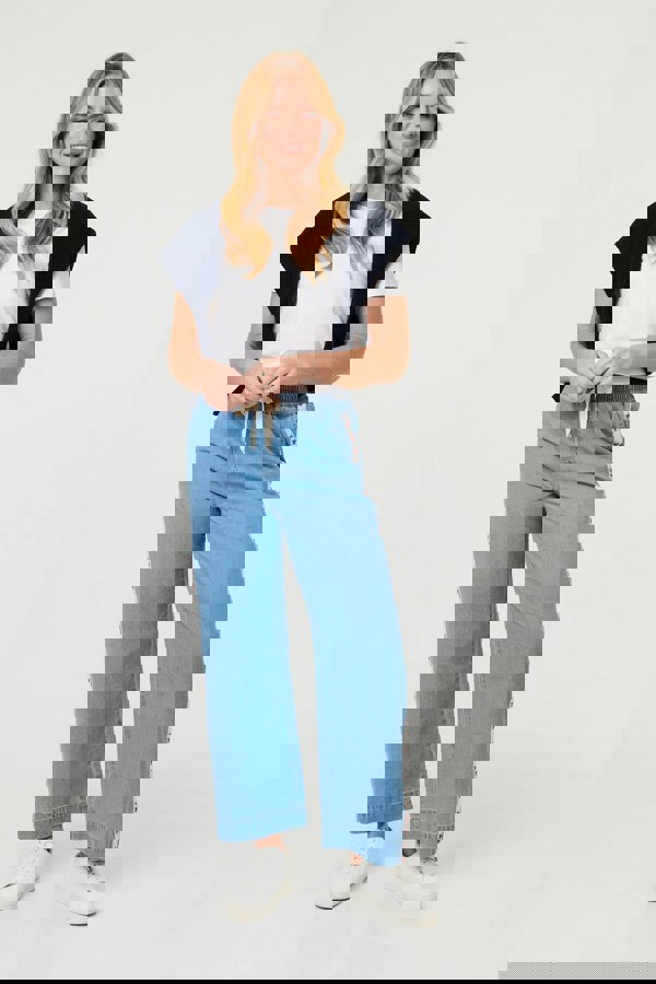 Blue | Star Print Trim Drawstring Wide Jeans
