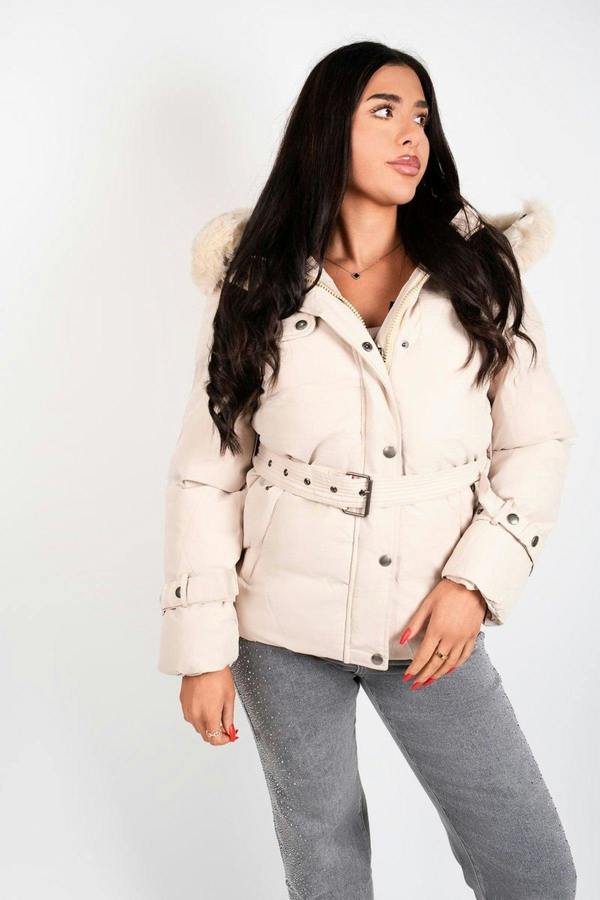 Serelina Belted Puffer Jacket With Faux Fur Hood - Beige