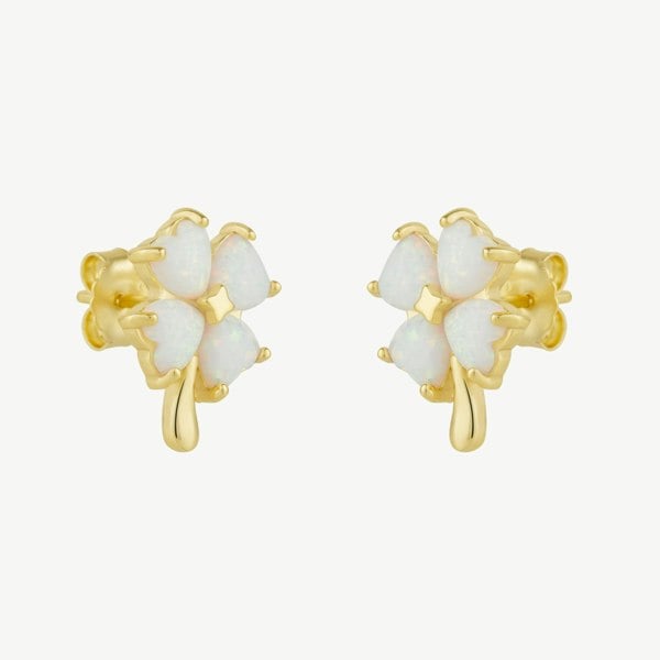 Spero London White Opal Four Leaves Clover Sterling Silver Stud Earring