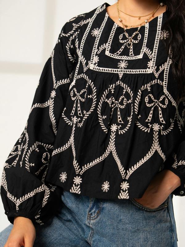 Rose & Nancy Charlie Black and ivory Bow embroidered Long Sleeve Blouse