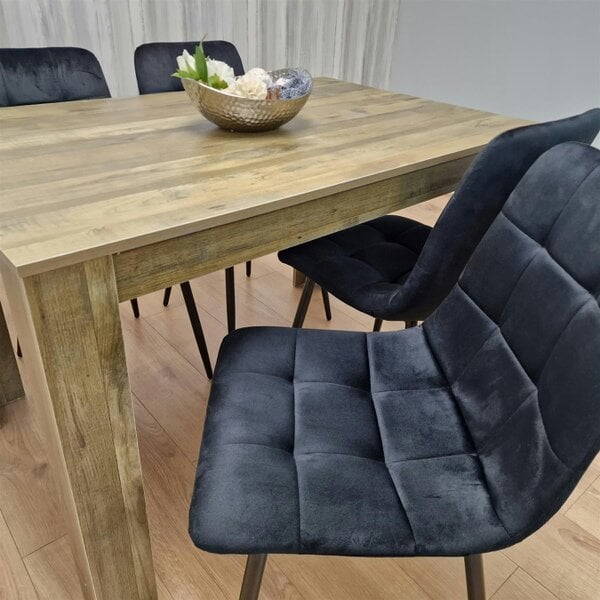 Kosy Koala Dining Table and 4 Chairs Rustic Effect Wood Table 4 Black Velvet Chairs Dining Room