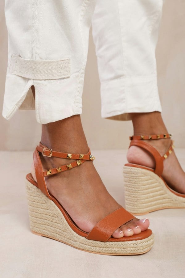 Where's That From Texas Cross Over Ankle Strap With Studd Detail Espadrille Wedges in Tan Faux Leather