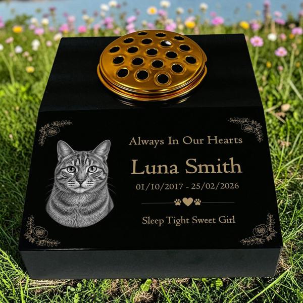 Memorials Direct Cat Memorial Granite Photo Desk - Floral Design