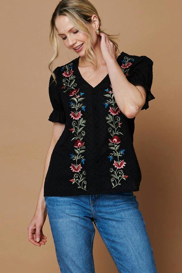 Black | Floral Embroidery Puff Sleeve Blouse