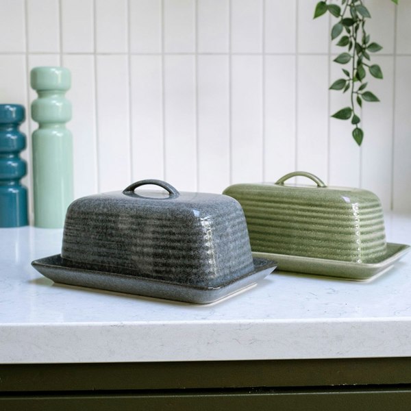 Paris Green & Grey Butter Dish on Kitchen Counter