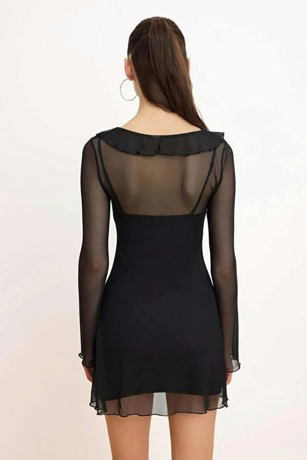 WOVCOR Skater V-Neck Long Sleeved Mini Tulle Knit Dress