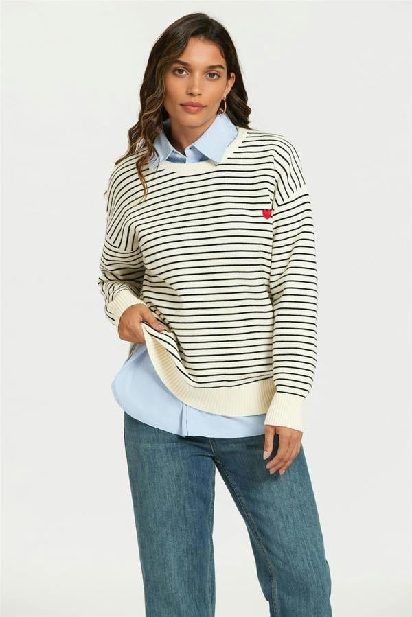 FS Collection Little Heart Embroidery Stripe Pattern Jumper Top In White