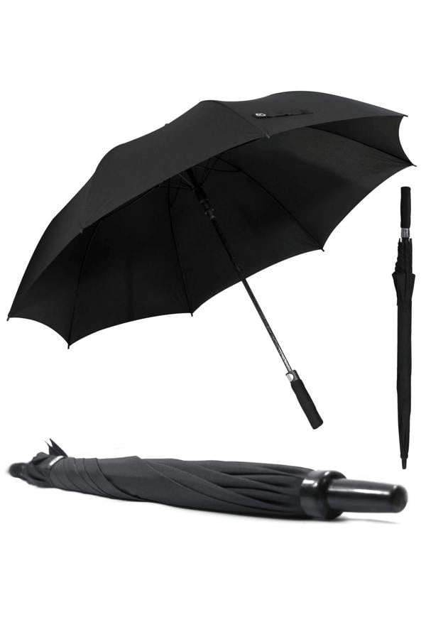 Black Optimum golf umbrella shown open and closed with straight handle, three views on white - Optimum