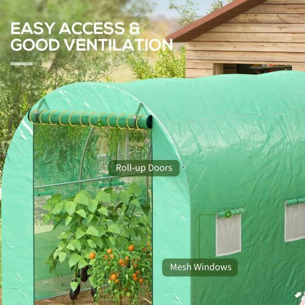 Green polytunnel greenhouse with roll-up door and mesh window panels