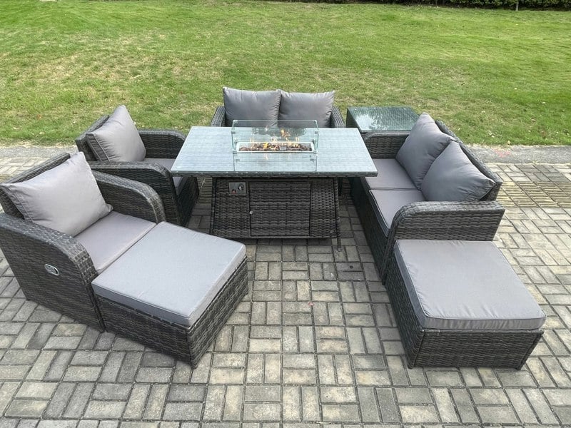 Fimous 8 Seater Rattan Garden Furniture Set Outdoor Propane Gas Fire Pit Table and Sofa Chair set with Side Table 2 Big Footstool