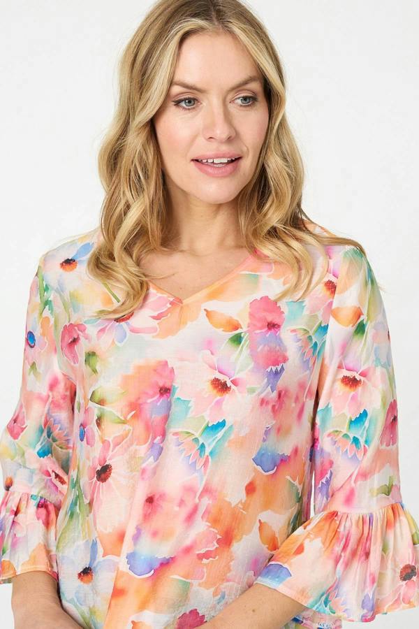 Pink | Floral 3/4 Flare Sleeve Relaxed Blouse