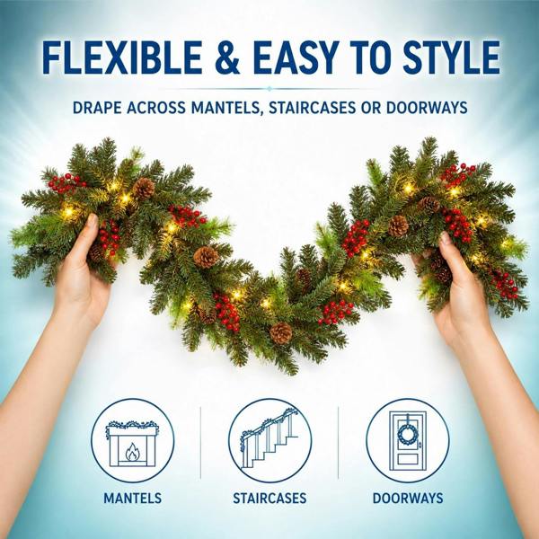 2m Green Christmas Tree Garland with Mixed Tips, Red Berries, Pine Cones and Warm White LEDs image 6