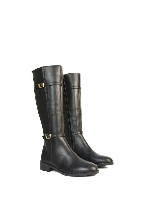 XY LONDON Flat Heel Stretch Knee High Long Boots With Buckle Details