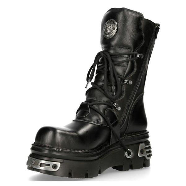 New Rock Unisex Black Leather Gothic Mid-Calf Boots-373-S4