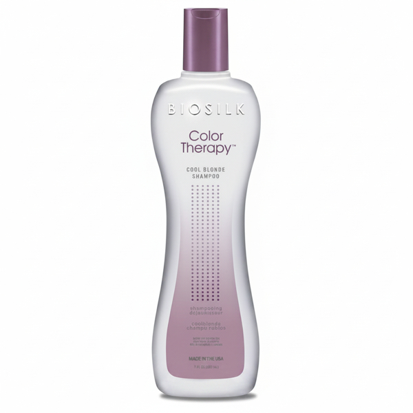 Biosilk Color Therapy Cool Blonde Shampoo removes yellow tinge in lightened hair, as well as give it new life and shine.