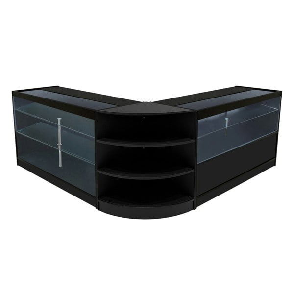 Black Calliope LED shop counter set featuring sleek glass shelves, curved design, and modern aesthetic for retail displays