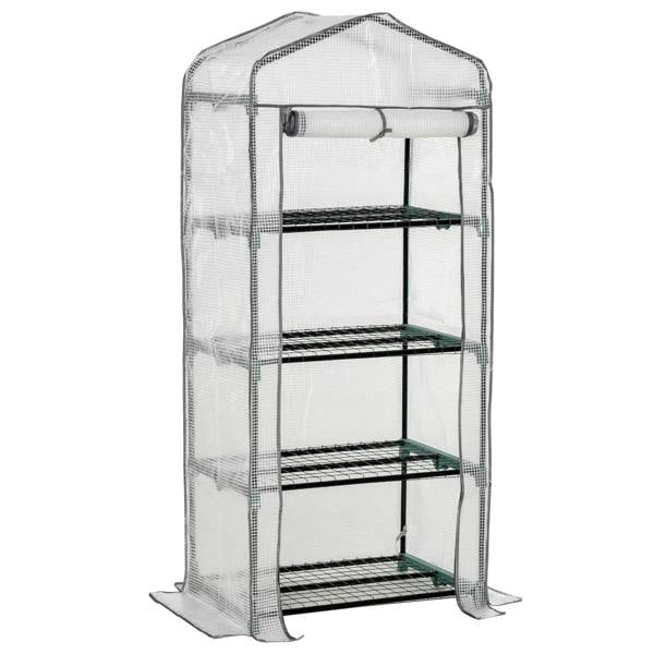 Standalone four-tier portable greenhouse with white PE cover and black wire shelves