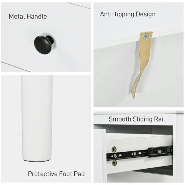 White bedside table panel details: black metal knob, anti-tip bracket and sliding rails.