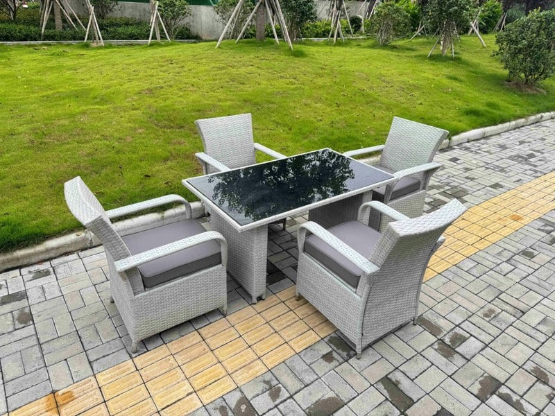 Fimous Light Grey Rattan Outdoor Garden furniture Set Black Tempered Glass Dining Table and 4 Chairs Set with Seat Cushion