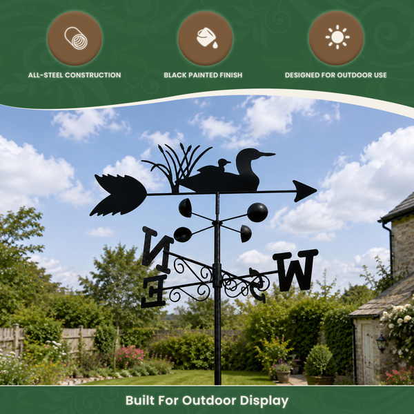 Swimming Ducks Weathervane, All-Steel Black Painted Weather Vane With Wall Fixings and 1.7m Ground Spike, Wind Speed Cups