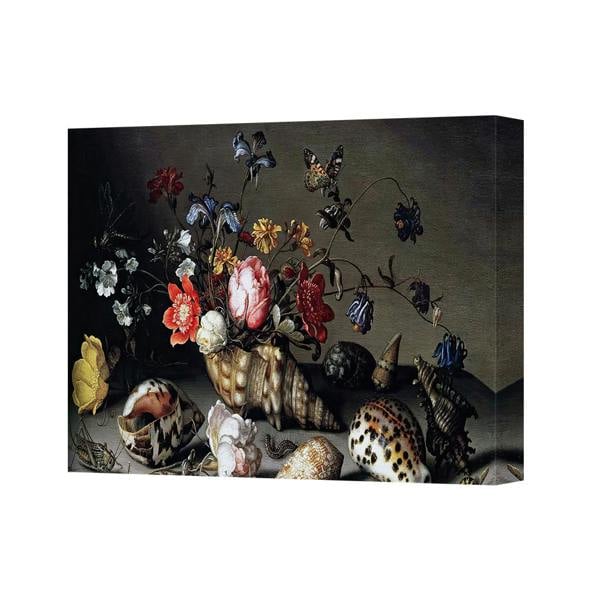 Benjamin Tate Design Floral Still Life on Canvas with Shell Vase and Butterflies