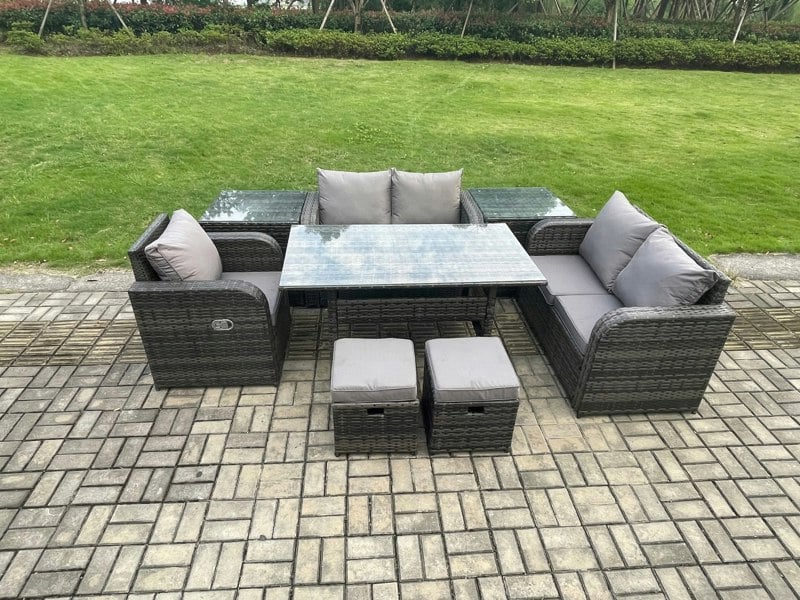 Fimous 7 Seater Dark Grey Mixed Rattan Outdoor Dining Set - Oblong/Rectangular Table, Chairs, 2 Small Footstools & 2 Side Tables