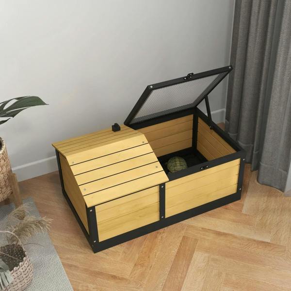 Yellow wooden reptile shelter with hinged lid opened to reveal interior hide box