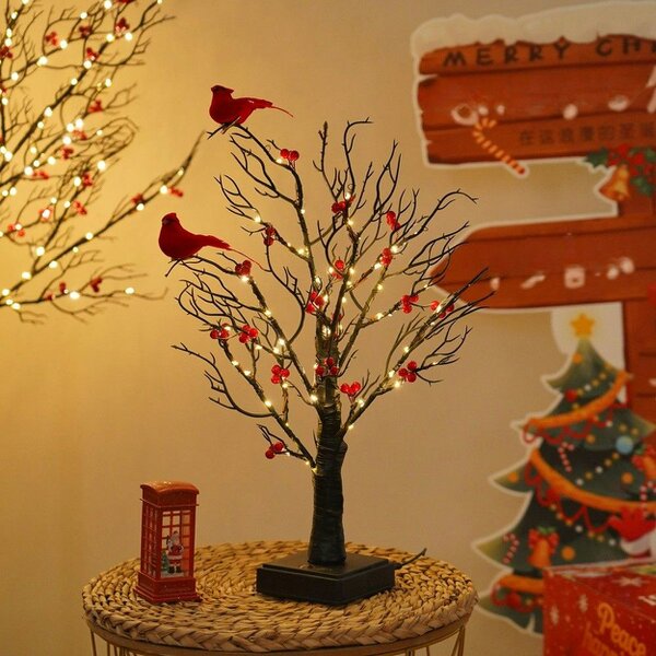 smartbies 60 LED Pre-Lit Birch Twig Tree with Birds & 10 Piece Christmas Pendant Set
